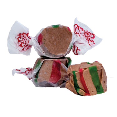 Hot Chocolate Taffy - Taffy Town Hot Chocolate taffy candy in brown color with red and green swirls - chewy salt water taffy capturing the cozy taste of hot cocoa.